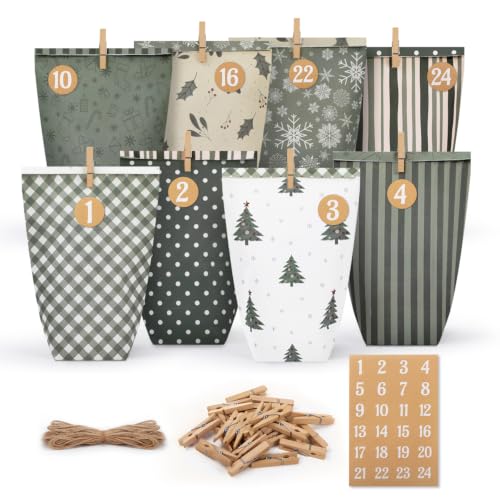 Green Advent Calendar Bags to Fill - 24 Days DIY Kraft Paper Christmas Countdown Kit