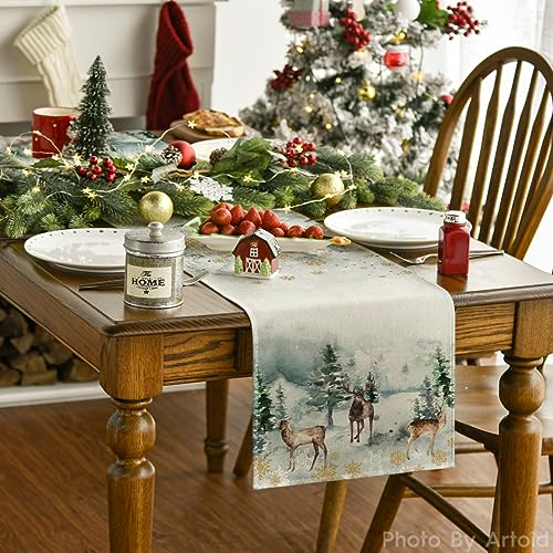 Deer Tree Christmas Table Runner - 13x72 Inch Green Holiday Decor