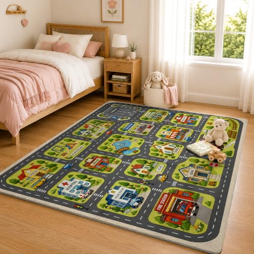 Kids Town Road Rug - Car Play Map Carpet for Playroom, 3 x 5 ft - Town Car Road Variation