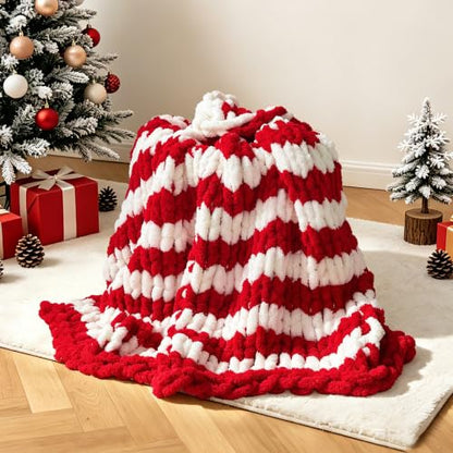 Christmas Red White Chunky Knit Blanket Throw 51x63 Inches for Couch