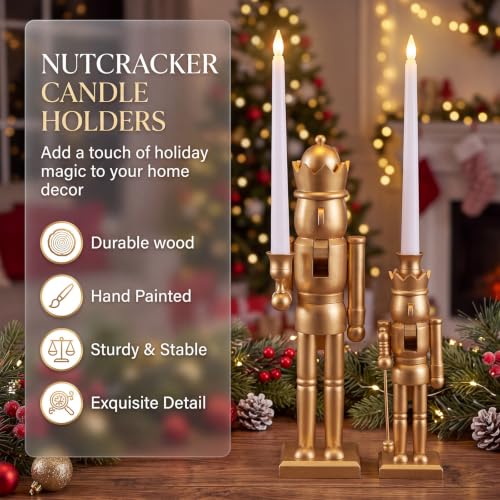 Christmas Nutcracker Candle Holders Set with LED Flameless Candles, Gold Finish