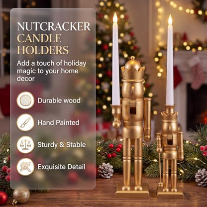 Christmas Nutcracker Candle Holders Set with LED Flameless Candles, Gold Finish
