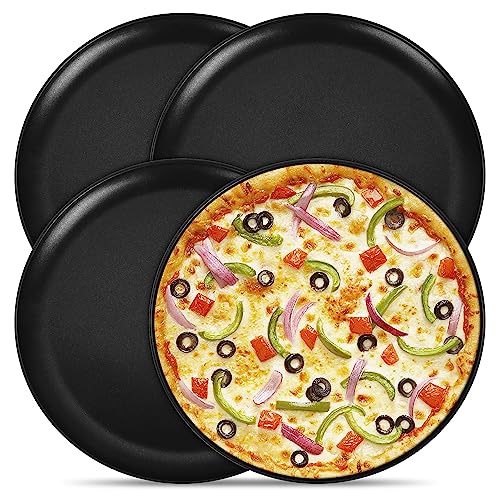 TeamFar 10 Inch Pizza Pan, Nonstick Black Coating Stainless Steel Pizza Pans, Round Pizza Trays for Baking Serving, Fits in Toaster Oven, Healthy & Heavy Duty, Non-Stick & Easy Clean-Set of 4