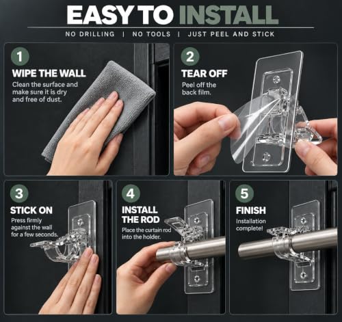 Heavy Duty Self Adhesive Curtain Rod Brackets - No Drill, Removable