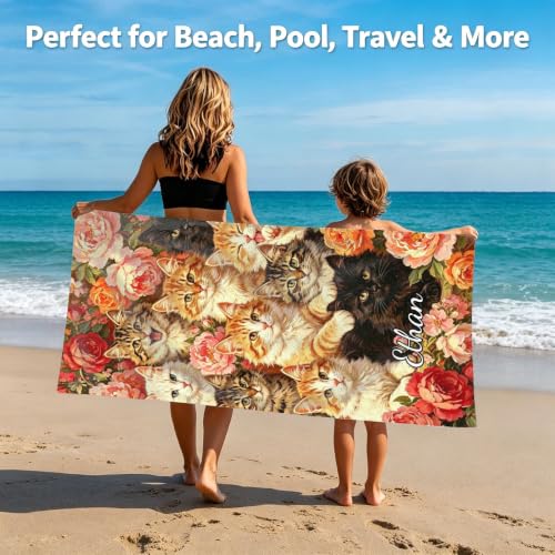 Personalized Beach Towel Cats 30x60 Custom Name Gift with US Variation