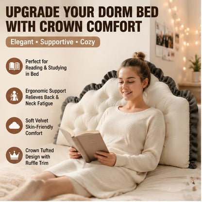 Pink Velvet Twin XL Dorm Headboard Pillow with Crown Tufted Design & Ruffle Trim - Reading Backrest Cushion, 39.37x21.65 Inches