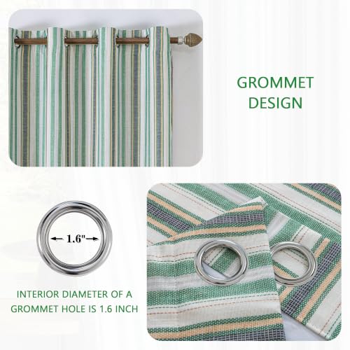 Blackout Linen Curtains 52W x 84L Green Striped 2 Panels - Thermal Insulated
