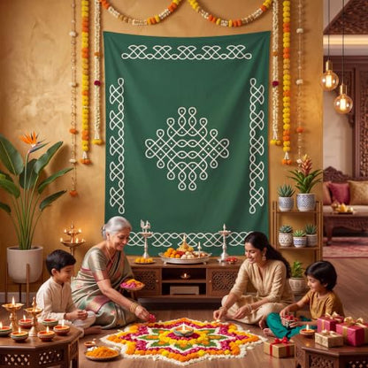 Indian Varalakshmi Pooja Backdrop Dark Green Kolam Decor 7x5ft - Traditional Festival Tapestry