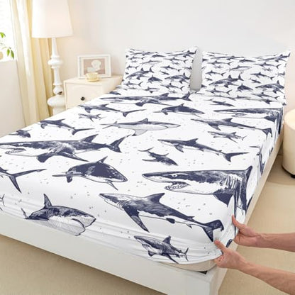 Shark Fitted Sheet Queen Deep Pocket Ocean Life Bedding Set Pattern 105