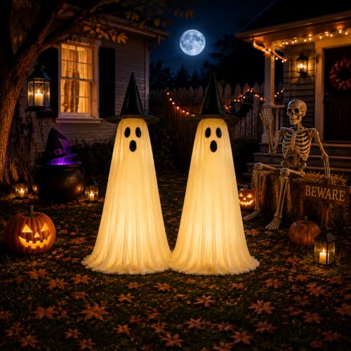 Outdoor Ghost Halloween Decorations Set with LED Lights and Adjustable Height