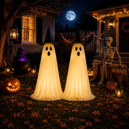 Outdoor Ghost Halloween Decorations Set with LED Lights and Adjustable Height