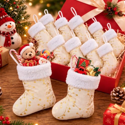 Mini Christmas Stockings Set – White and Gold Holiday Decor, 20 Pcs, 7.87 Inches