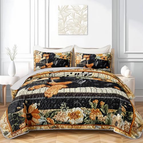 King Size Black Dachshund Dog Quilt Bed Set 3Pcs Pet Puppy Flower Bedding