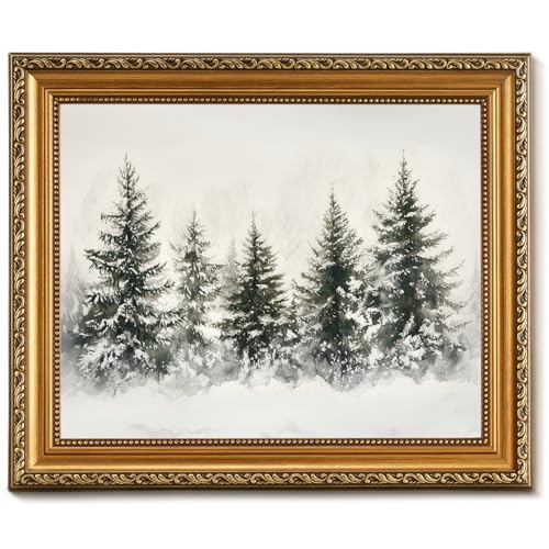 Christmas Tree Wall Art Canvas Print with Gold Frame - Rustic Winter Pine Forest, 8x10 Inch, Variation: Christmas Trees 17/10"L x 8"W