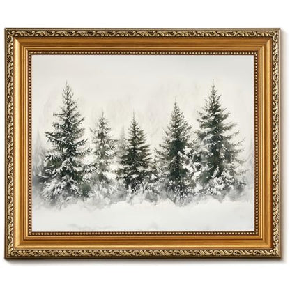 Christmas Tree Wall Art Canvas Print with Gold Frame - Rustic Winter Pine Forest, 8x10 Inch, Variation: Christmas Trees 17/10"L x 8"W
