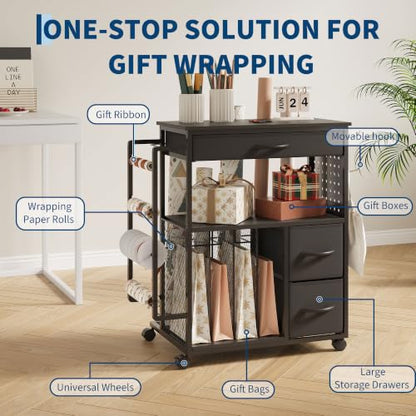 Garvee 3-Tier Gift Wrap Organizer Cart with Drawers & Storage