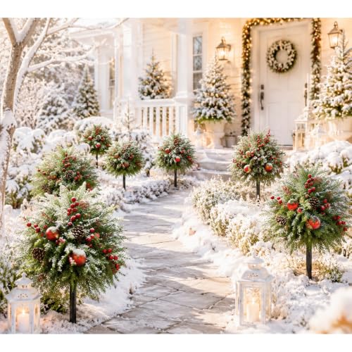 Artificial Christmas Topiary Ball Trees 23 Inch Set of 2 with Red Ornament - Outdoor Decor