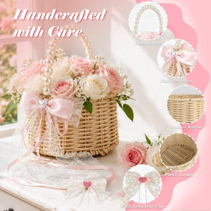 Flower Girl Basket Set with Pearl Handle & 600 Petals for Wedding Decor