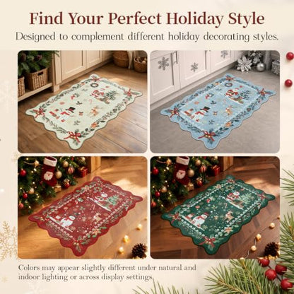 Green Christmas Runner Rug 2x6 Feet Scalloped Holiday Decor Non-Slip