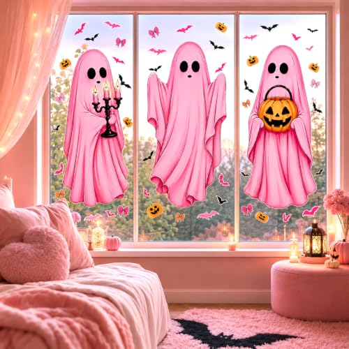 Halloween Pink Ghost and Pumpkin Window Clings - 6 Sheets Decor
