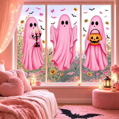 Halloween Pink Ghost and Pumpkin Window Clings - 6 Sheets Decor