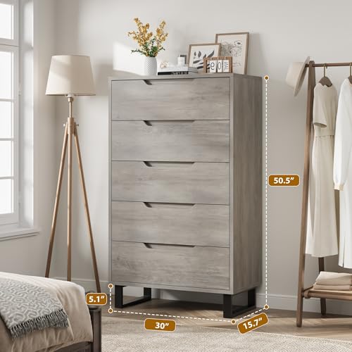 Garvee 5-Drawer Bedroom Dresser - 50.5" Vertical Storage with 15.7" Depth, Grey