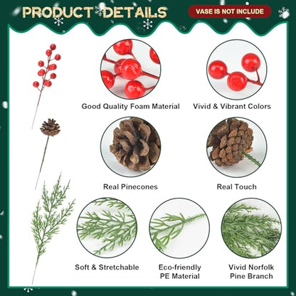 55PCS Christmas Artificial Pine Branches Set with Red Berries and Pinecones - A Style
