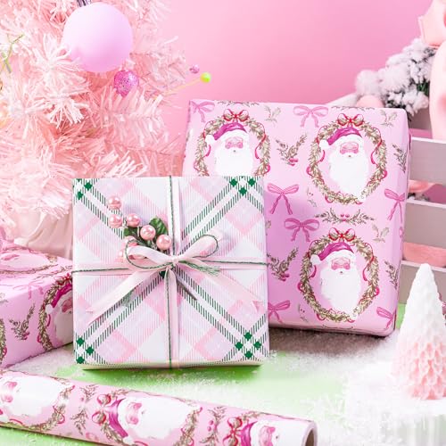 Reversible Pink Christmas Wrapping Paper with Santa & Floral Wreaths - 17 in x 16.4 ft, Festive Holiday Gift Wrap