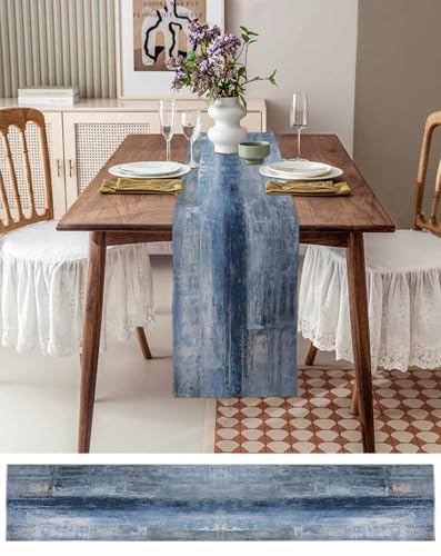 Burlap Linen Table Runner 13x120 Inch - Rustic Farmhouse Style Blue Ombre