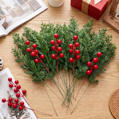 30Pcs Artificial Pine Branches with Red Berry Stems for Holiday Decor - Variation of THIS listing