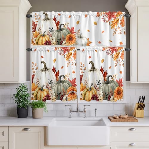 White Green Pumpkins Fall Kitchen Curtain Set Small Half Curtains 24 Inch Length - Pack of 3 White / 54" W x 24" L