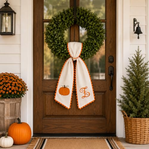 Halloween Pumpkin Wreath Sash - Fall Front Door Decor with Orange Bow (Variation B)
