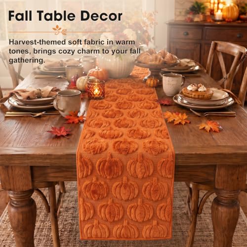 Caramel Fall Table Runner with 3D Pumpkins - 13 x 72 Inches - Thanksgiving Decor