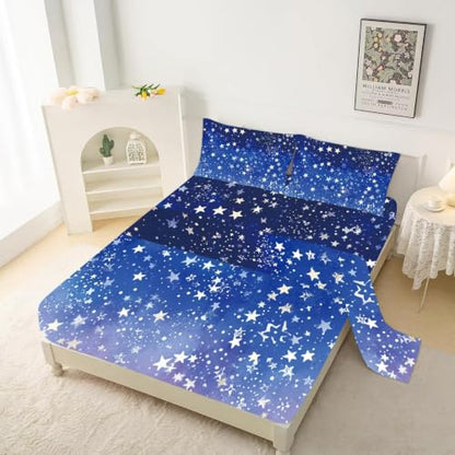 Full Size Galaxy 01 Blue 3D Star Sky Bed Sheet Set - Soft 4-Piece Dorm Bedding