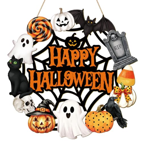 Halloween Wooden Ghost Door Wreath - Large Orange Halloween Decor for Front Door