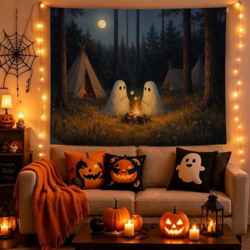 Ghost Camping Tapestry - Moonlit Forest Halloween Wall Decor 50x60in - Camping Variation