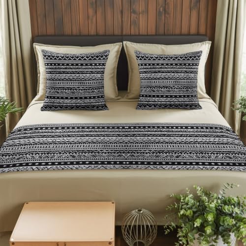 94x20 Inch Boho Bed Runner Set with 2 Pillow Covers - Black White Tribal Geometric