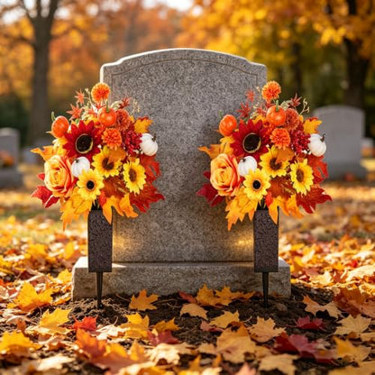 Artificial Fall Cemetery Flowers for Grave - Orange Mums & Pumpkins with Variation Wine