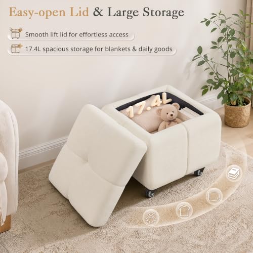 LUE BONA Square Storage Ottoman with Wheels - Beige Pouf Footrest, 17.4L Chenille