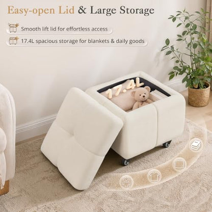 LUE BONA Square Storage Ottoman with Wheels - Beige Pouf Footrest, 17.4L Chenille