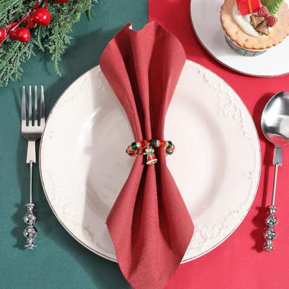 Christmas Beaded Napkin Rings Set - Red & Green Snowman Bell Charms, 8 Pieces - Holiday Table Decor