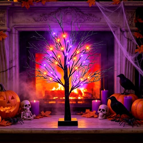 Halloween Decor Indoor 26-Inch Black Tree with Orange and Purple LED Lights - Orange Purple Variation