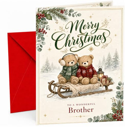 Brother Christmas Card - Teddy Bears on Sledge Winter Scene, A5 Holiday Greeting