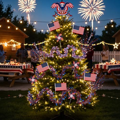 Patriotic Christmas Decorations Set with Eagle Tree Topper and American Flag Pinwheels