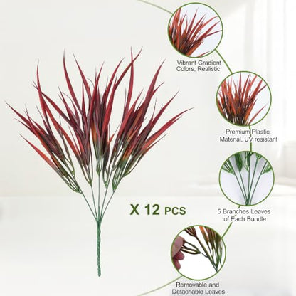 Fall Red Artificial Plants Outdoor Faux Greenery 12Pcs UV Resistant Bushes