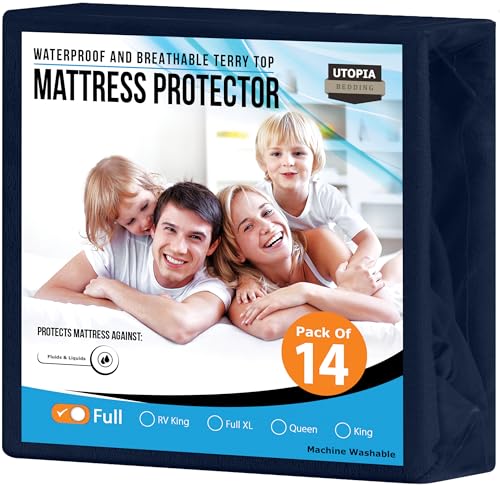 Utopia Bedding Waterproof Mattress Protector Full Size (Pack of 14), Premium Terry Mattress Cover 200 GSM, Breathable, Fitted Style with Stretchable Pockets (Navy)