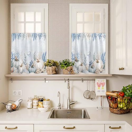 Light Blue Coastal Farmhouse Kitchen Curtains Set - 3 Pieces, 54 x 36 Inches