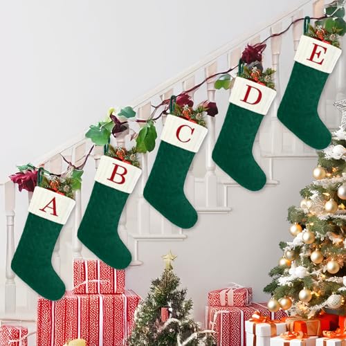 Large Green and White Christmas Stocking with Initial Letter C - 20 Inches Knit Embroidered Monogram Holiday Decor, Family Gift