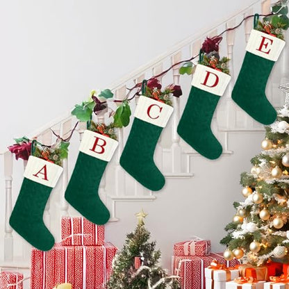 Large Green and White Christmas Stocking with Initial Letter C - 20 Inches Knit Embroidered Monogram Holiday Decor, Family Gift