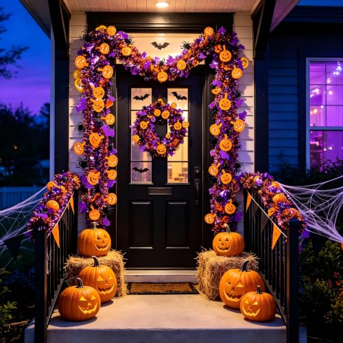 Halloween Tinsel Garland 6.5Ft 2-Pack Orange Purple Pumpkin Spider Bat Decor